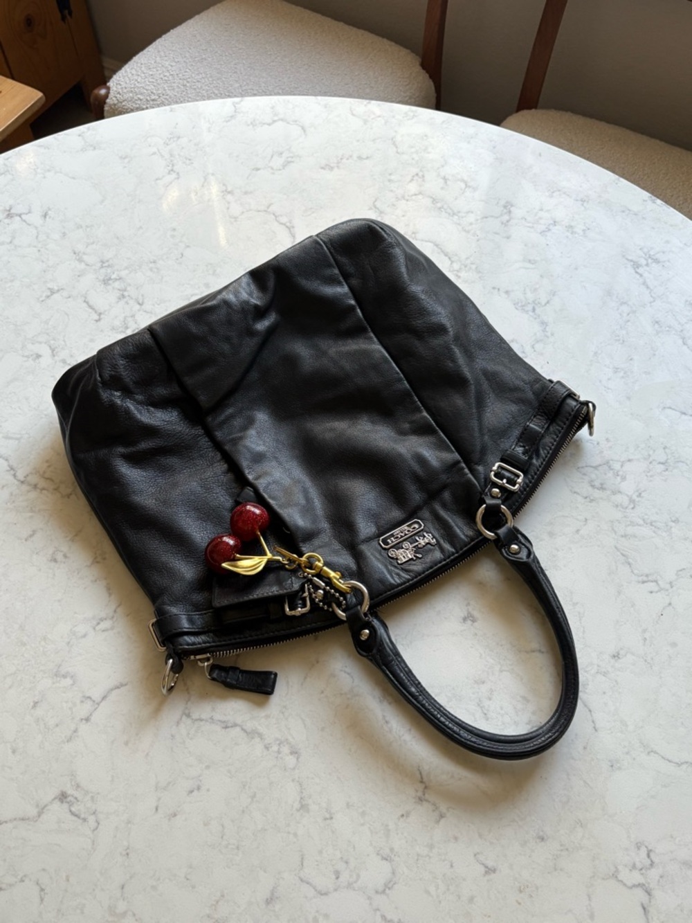 Coach Black Leather Tote Bag with Cherry Charm - Picture 5 of 7